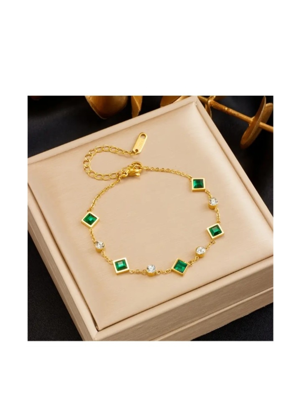 Gold Plated Bracelet with Green Gem Accents